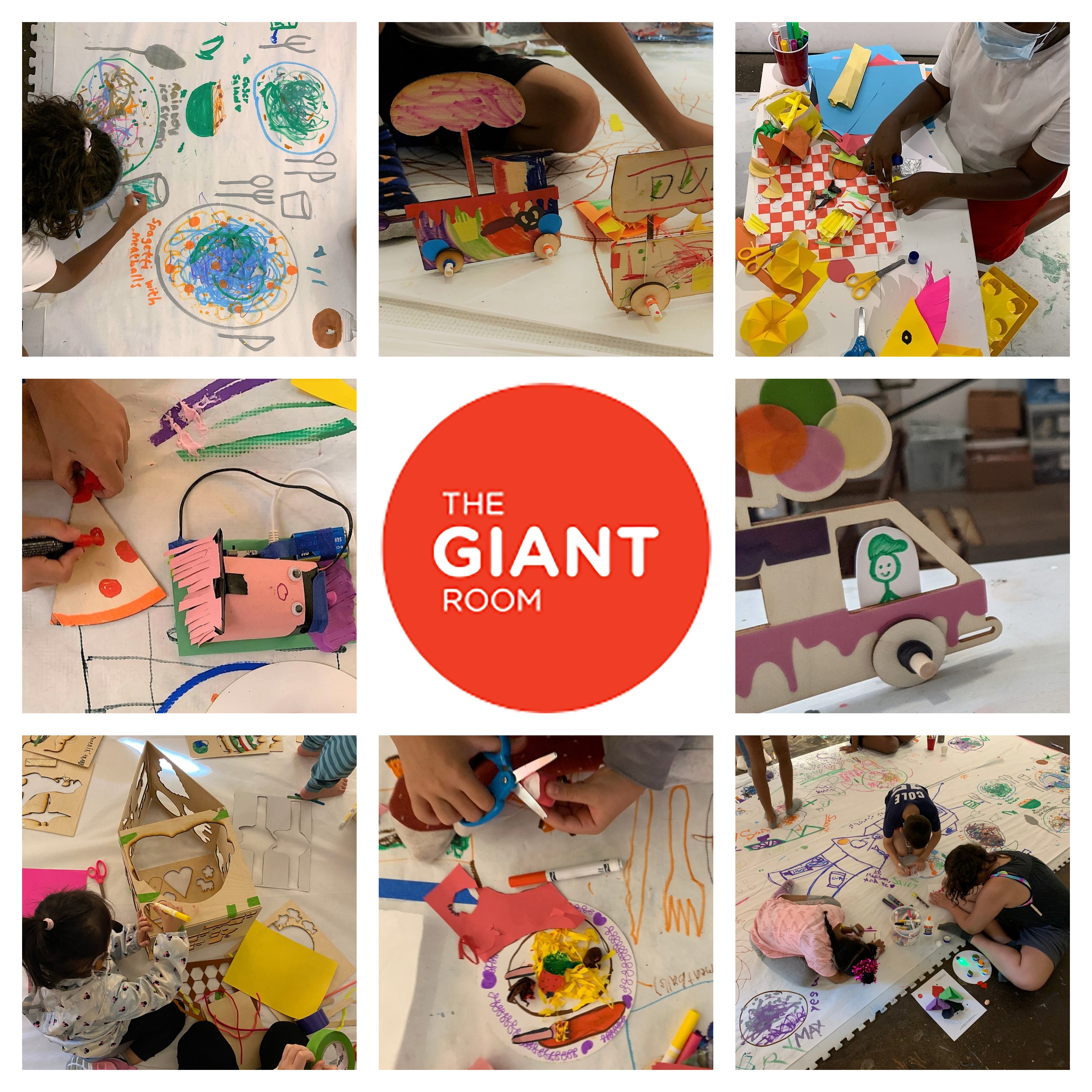 As crianças desenham e fazem artesanato em oito fotos em torno de um logotipo de círculo vermelho que diz: The Giant Room.
